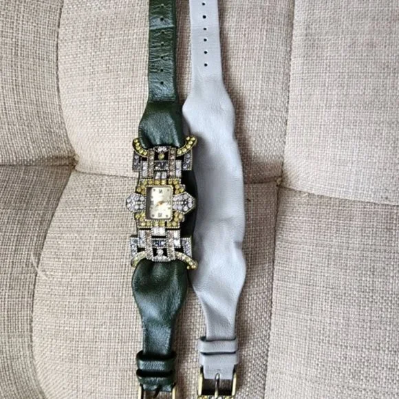 HEIDI DAUS WATCH WITH 2 INTERCHANGEABLE LEATHER BANDS Heidi Daus Square Crystal Watch W Turquoise Green Leather  main image 3